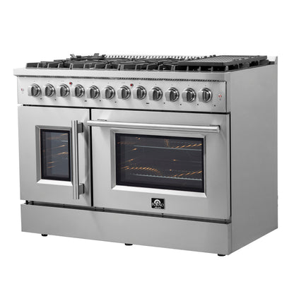FORNO Galiano cuisinière biénergie à double four de 48 pouces avec portes françaises, tout en acier inoxydable, 8 brûleurs scellés, 107 000 BTU, plaque de cuisson, 6,58 pi³ - Forno Appliances