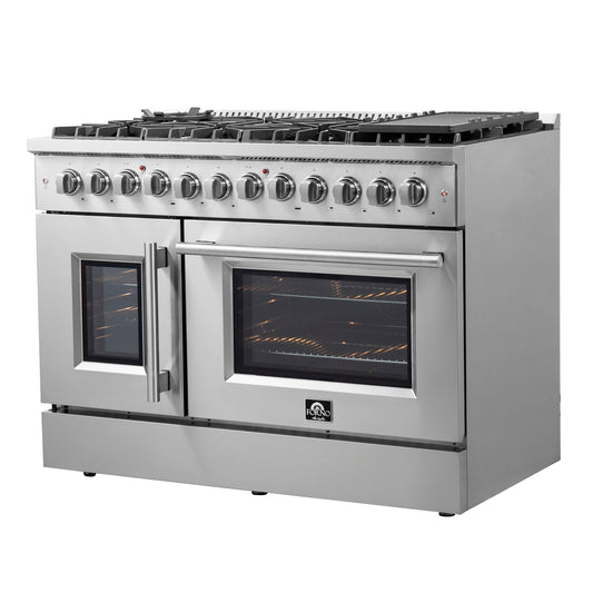 FORNO Galiano 48-Inch French Door Dual Fuel Range All Stainless Steel, 8 Sealed Burners, 107,000 BTU, Griddle, 6.58 cu.ft. Double Ovens - Forno Appliances