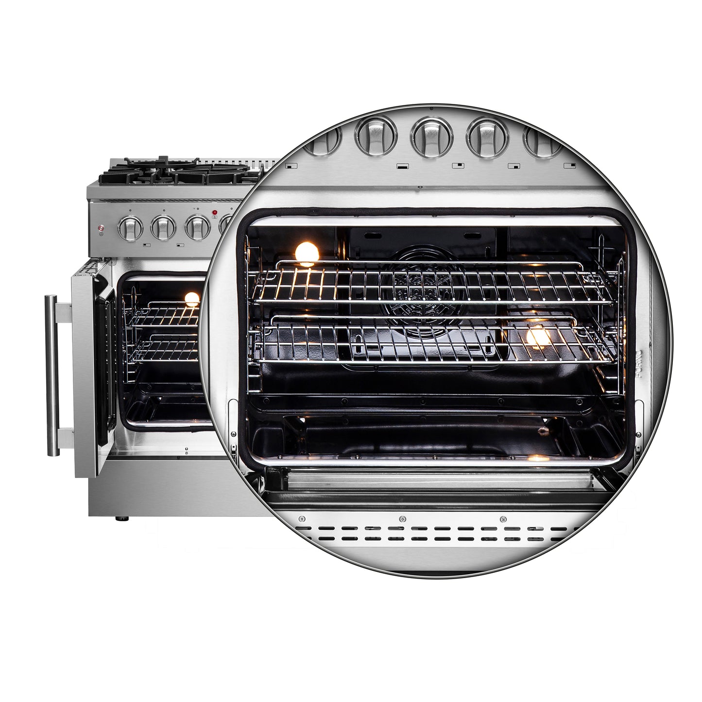 Cuisinière FORNO Galiano 48 pouces à portes françaises, double combustible, tout inox, 8 brûleurs scellés, 107 000 BTU, plaque chauffante, double four de 6,58 pi³ - Forno Appliances