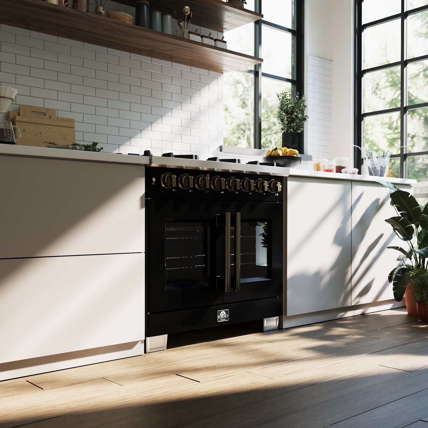 Forno Capriasca 36 Inch Freestanding French Door Dual Fuel Range in Black with Antique Brass Accessories, 6 Burners, True Convection Oven - Forno Appliances