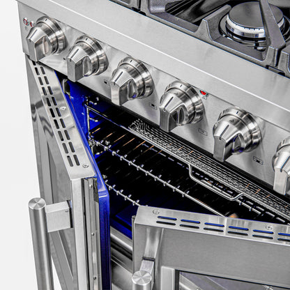 Cuisinière au gaz Forno Massimo 36 pouces à installation libre avec porte française, 6 brûleurs, four à convection, économe en énergie - Forno Appliances