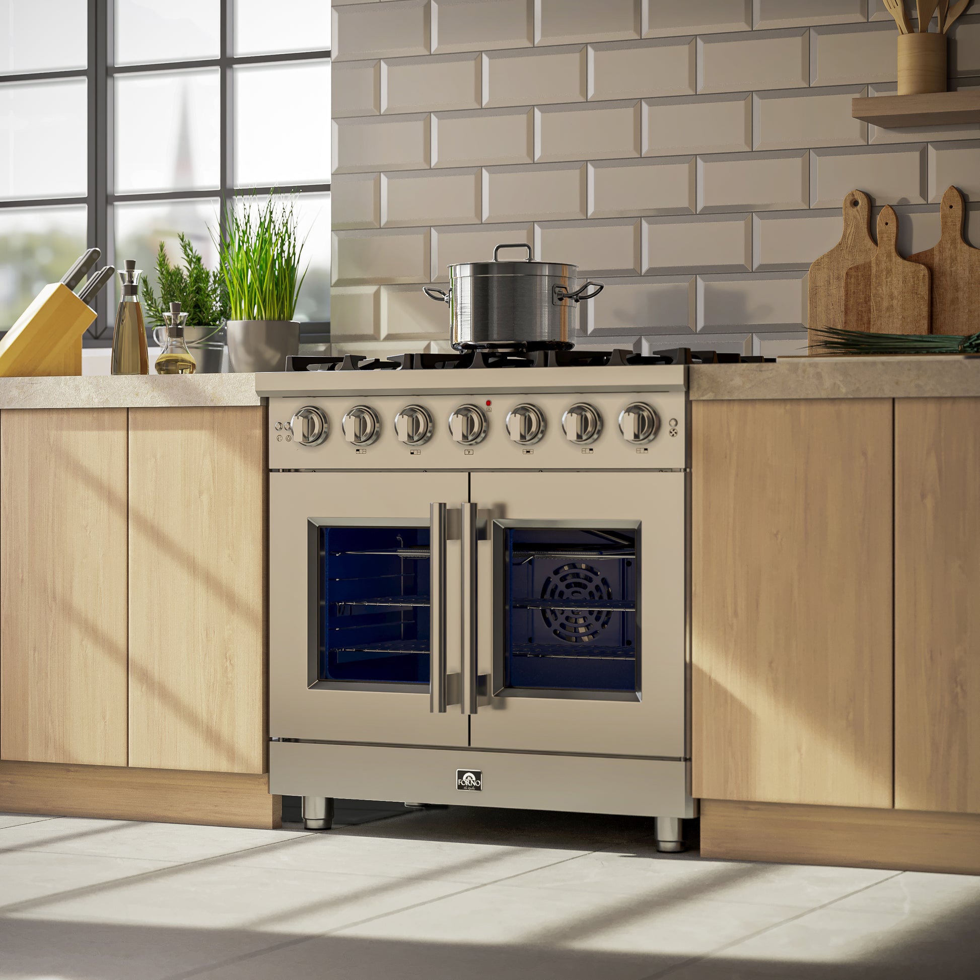 Cuisinière à gaz autonome Forno Massimo de 36 pouces à portes françaises, 6 brûleurs, four à convection, économe en énergie - Forno Appliances