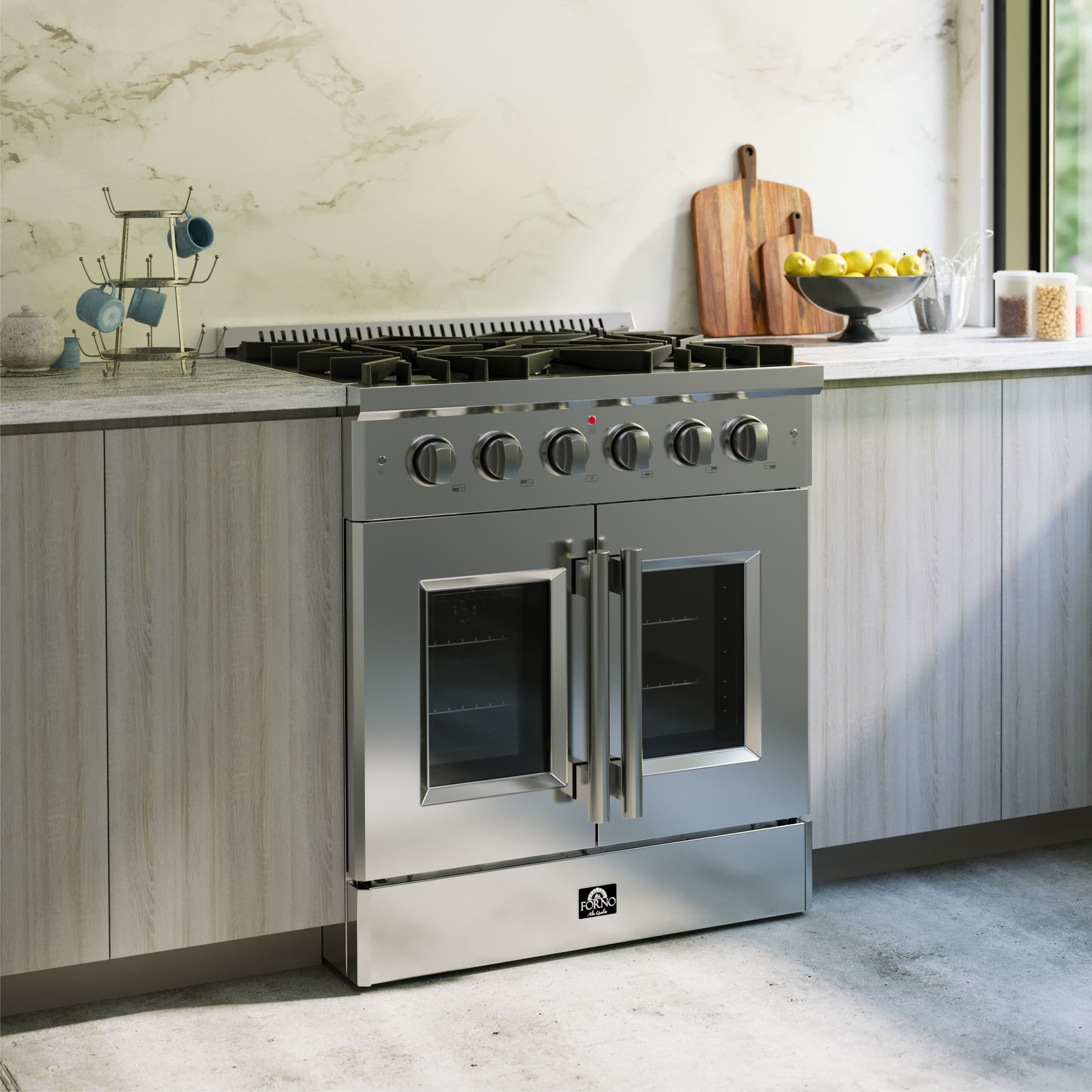 Forno Galiano 30-Inch Freestanding French Door Gas Range, 5 Burners, Convection Oven, Energy Efficient - Forno Appliances