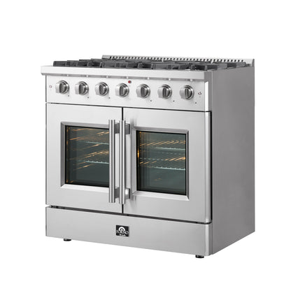 Forno Galiano 36-Inch Freestanding French Door Gas Range, 6 Burners, Convection Oven, Energy Efficient - Forno Appliances
