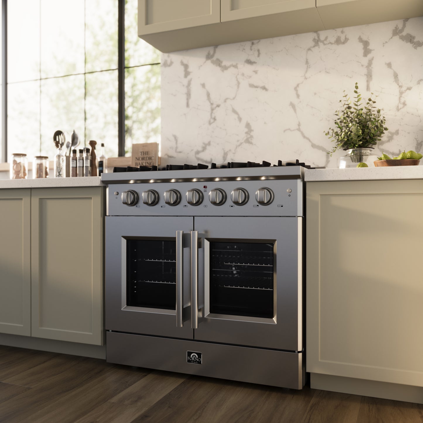 Forno Galiano 36-Inch Freestanding French Door Gas Range, 6 Burners, Convection Oven, Energy Efficient - Forno Appliances