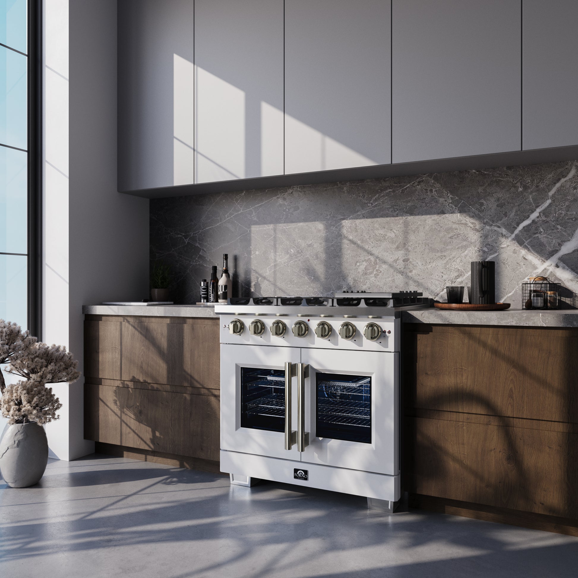Forno Capriasca 36-Inch White Freestanding French Door Gas Range, 6 Burners, Convection Oven, Energy Efficient - Forno Appliances