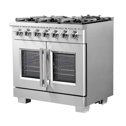 Forno Capriasca 36-Inch Freestanding French Door Gas Range, 6 Burners, Convection Oven, Energy Efficient - Forno Appliances