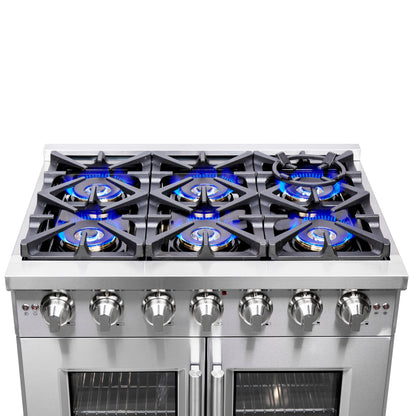 Forno Capriasca 36-Inch Freestanding French Door Gas Range, 6 Burners, Convection Oven, Energy Efficient - Forno Appliances