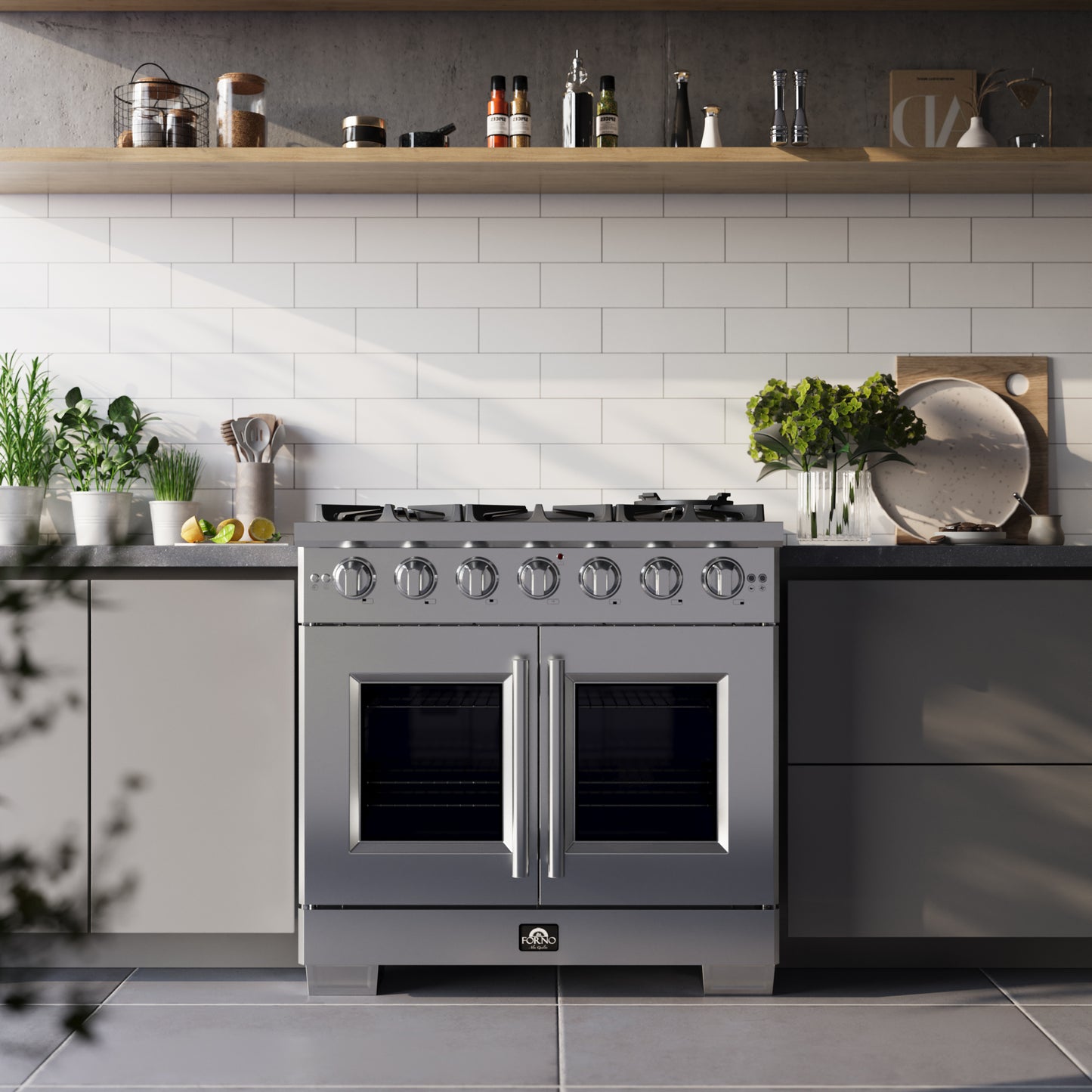 Forno Capriasca 36-Inch Freestanding French Door Gas Range, 6 Burners, Convection Oven, Energy Efficient - Forno Appliances