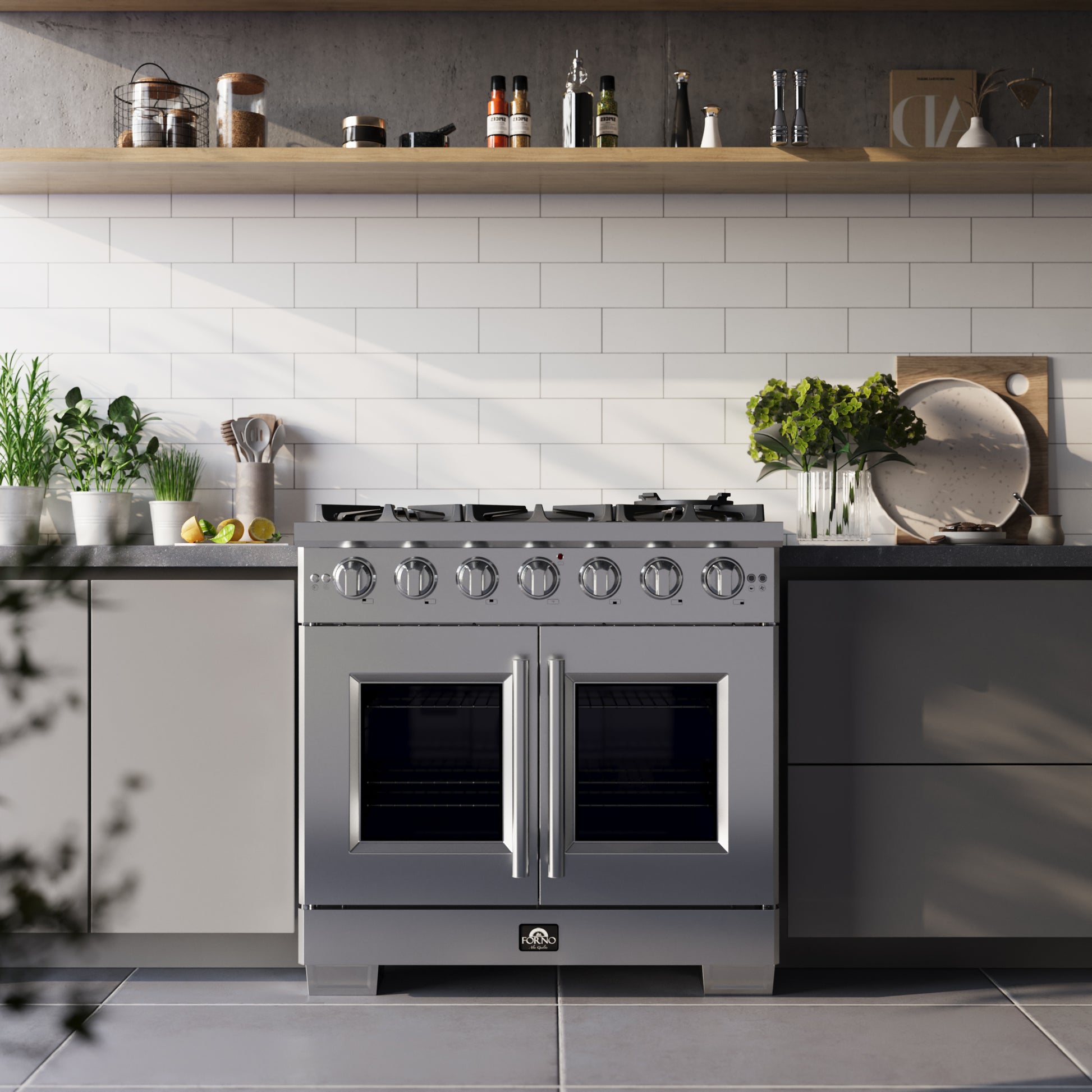 Forno Capriasca 36-Inch Freestanding French Door Gas Range, 6 Burners, Convection Oven, Energy Efficient - Forno Appliances