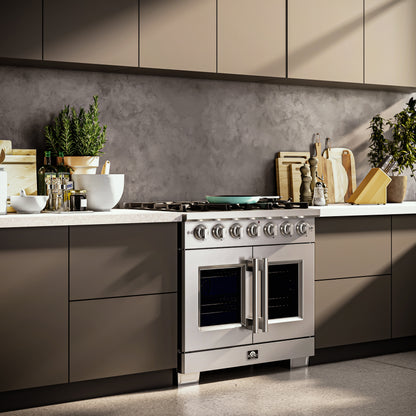 Forno Capriasca 36-Inch Freestanding French Door Gas Range, 6 Burners, Convection Oven, Energy Efficient - Forno Appliances