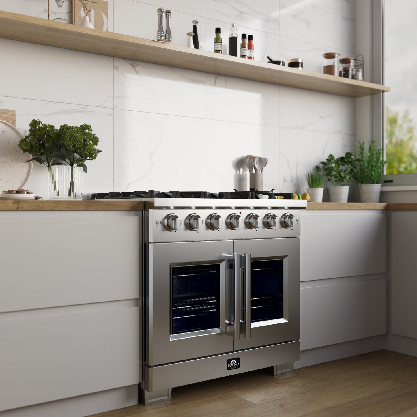 Forno Capriasca 36-Inch Freestanding French Door Gas Range, 6 Burners, Convection Oven, Energy Efficient - Forno Appliances