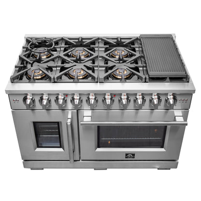 Cuisinière à gaz Forno Capriasca autoportante à portes françaises de 48 pouces, 8 brûleurs, four à convection, économe en énergie - Forno Appliances