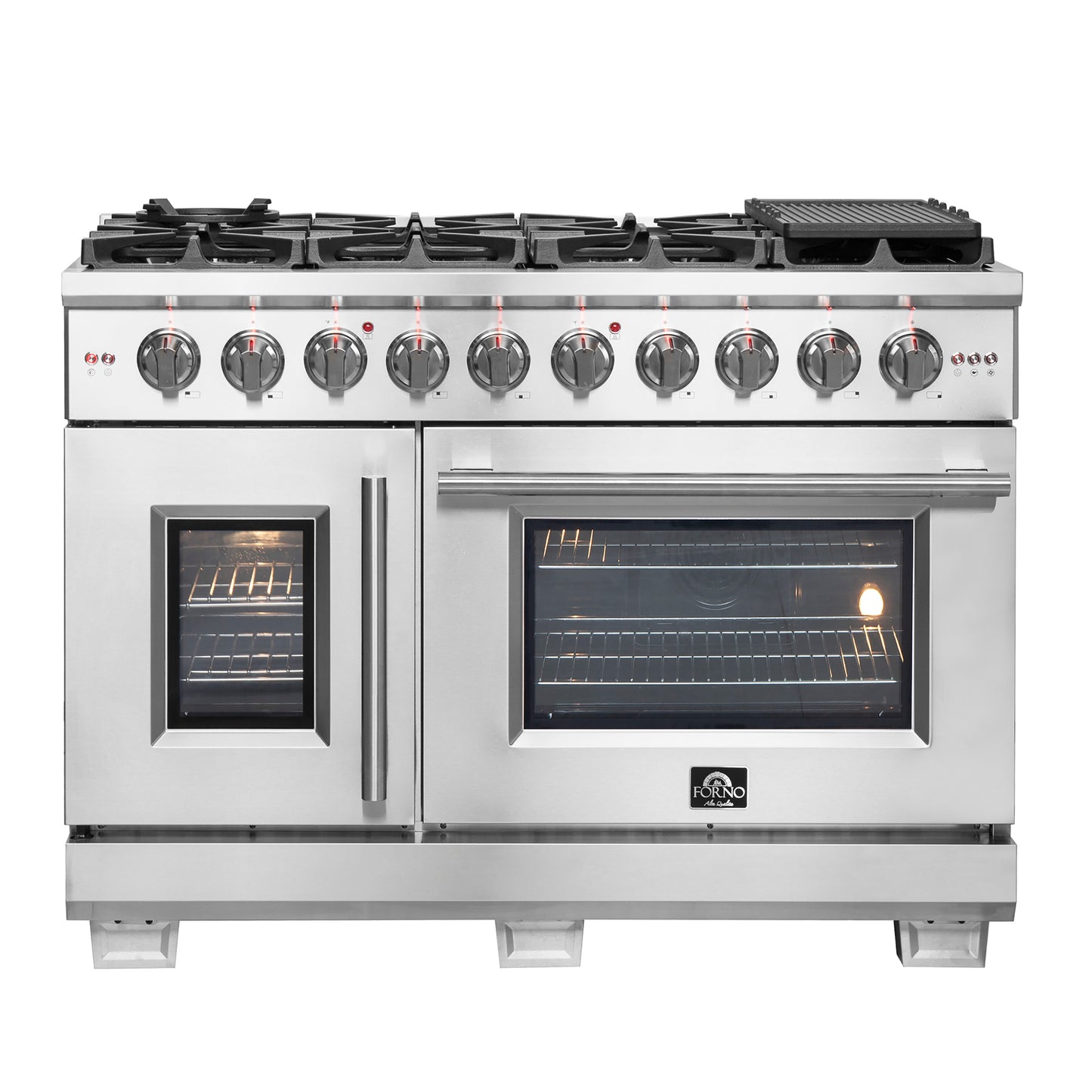 Cuisinière à gaz autoportante Forno Capriasca de 48 pouces avec portes françaises, 8 brûleurs, four à convection, écoénergétique - Forno Appliances