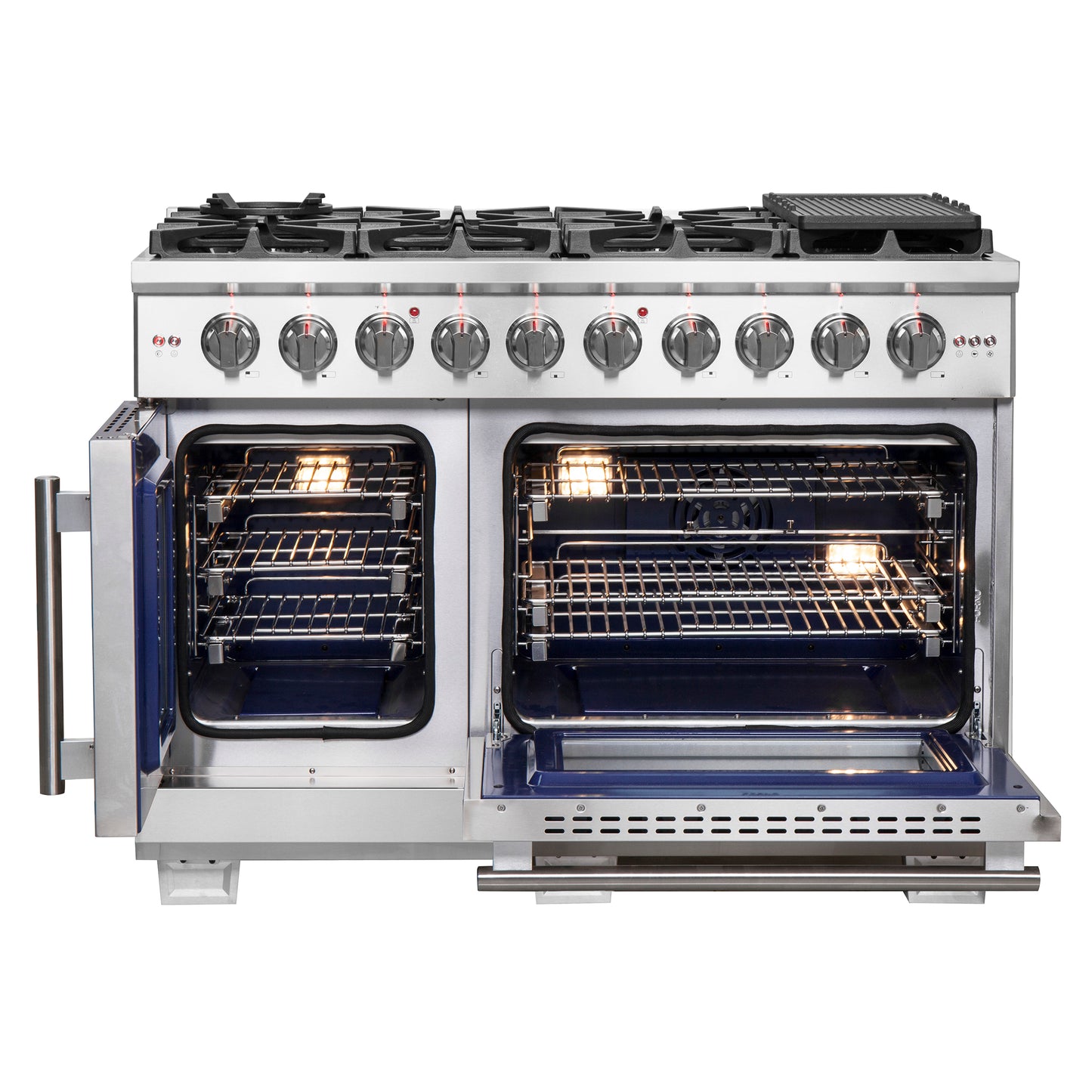 Forno Capriasca, cuisinière à gaz posable de 48 pouces à portes françaises, 8 brûleurs, four à convection, économe en énergie - Forno Appliances