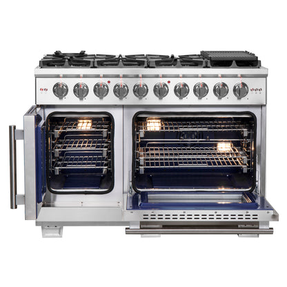 Forno Capriasca, cuisinière à gaz posable de 48 pouces à portes françaises, 8 brûleurs, four à convection, économe en énergie - Forno Appliances