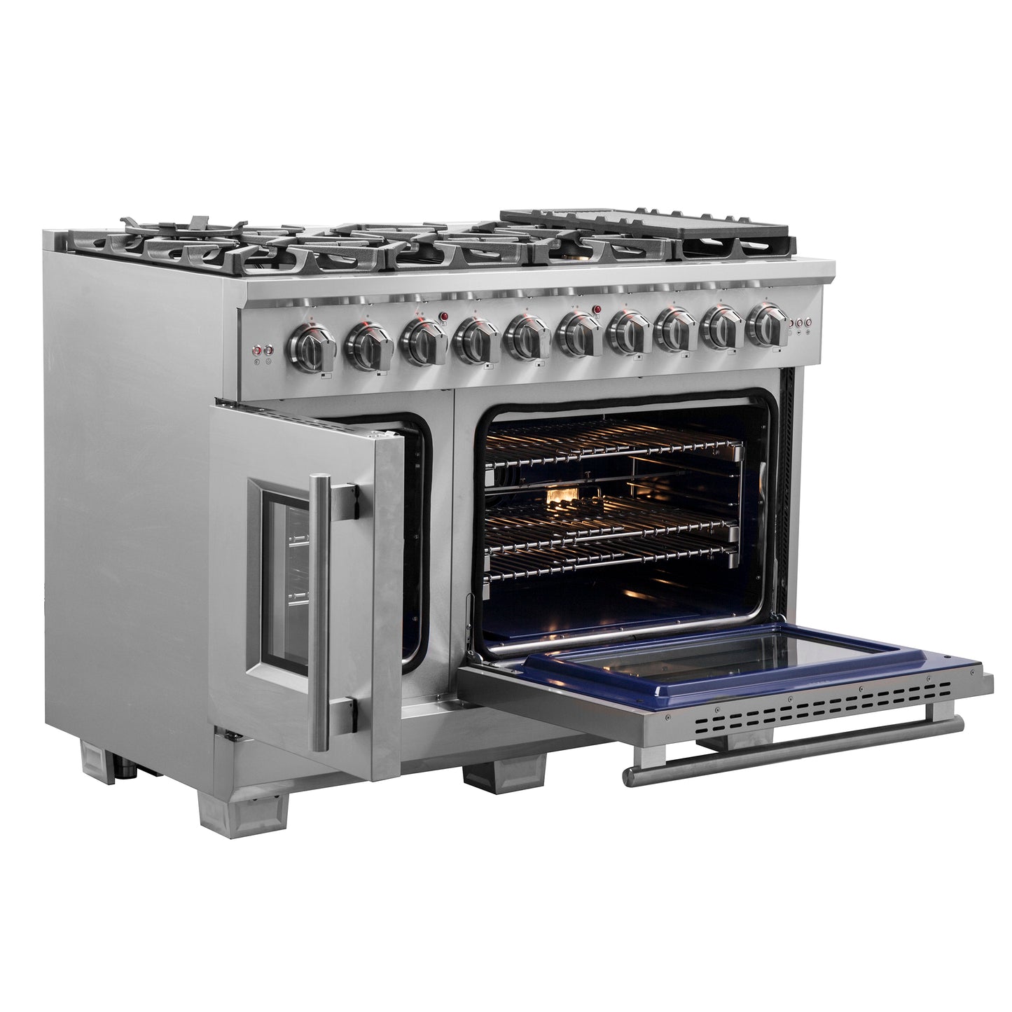 Forno Capriasca, cuisinière à gaz autoportante de 48 pouces avec portes françaises, 8 brûleurs, four à convection, économe en énergie - Forno Appliances