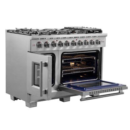 Forno Capriasca, cuisinière à gaz autoportante de 48 pouces avec portes françaises, 8 brûleurs, four à convection, économe en énergie - Forno Appliances