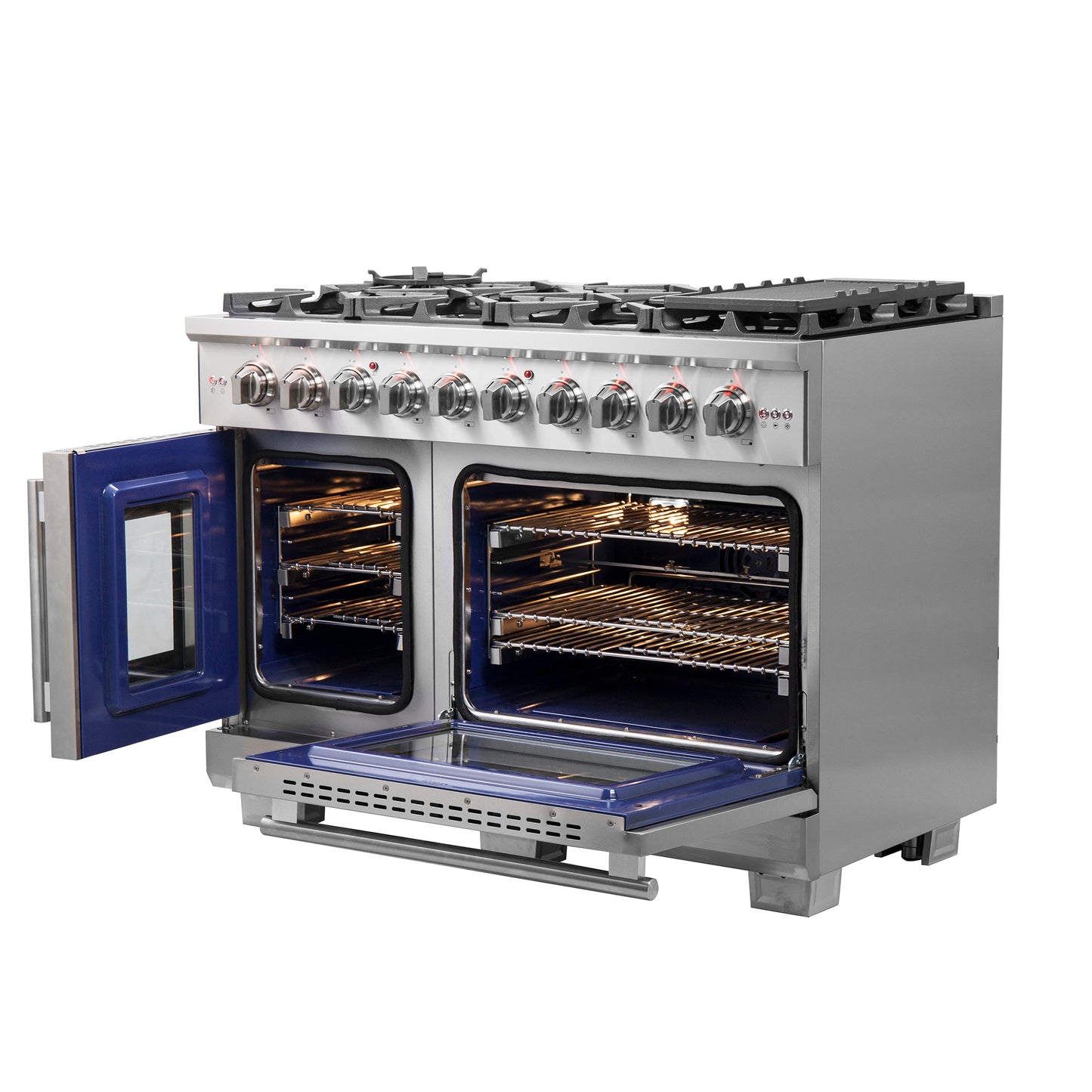 Cuisinière à gaz Forno Capriasca de 48 pouces, pose libre, portes françaises, 8 brûleurs, four à convection, économe en énergie - Forno Appliances
