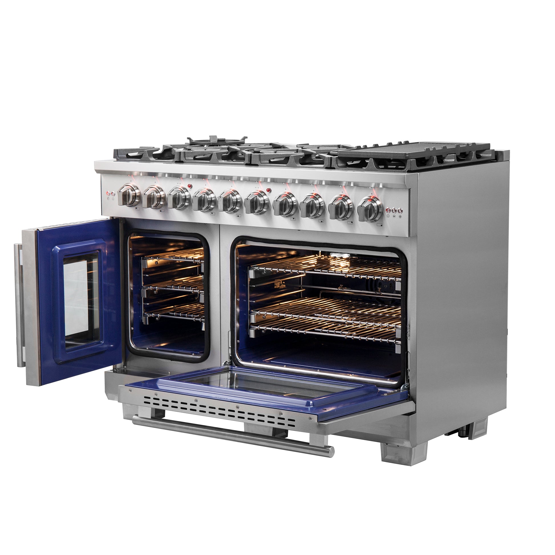 Cuisinière à gaz Forno Capriasca de 48 pouces, pose libre, portes françaises, 8 brûleurs, four à convection, économe en énergie - Forno Appliances