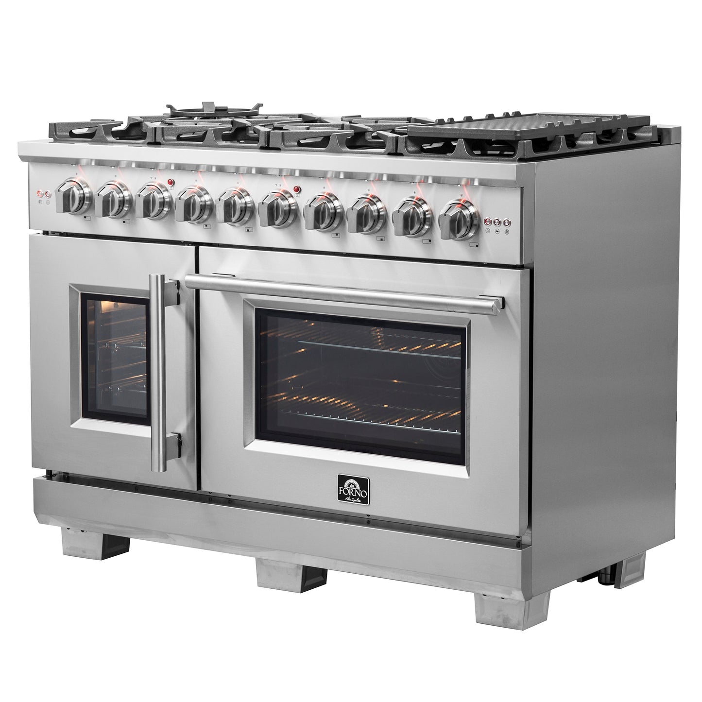 alt
Cuisinière à gaz Forno Capriasca autoportante de 48 pouces avec portes françaises, 8 brûleurs, four à convection, économe en énergie - Forno Appliances