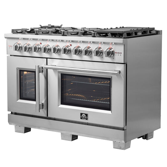 Forno Capriasca 48-Inch Freestanding French Door Gas Range, 8 Burners, Convection Oven, Energy Efficient - Forno Appliances