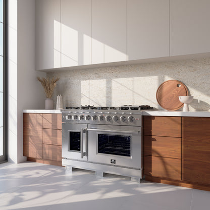 Forno Capriasca 48-Inch Freestanding French Door Gas Range, 8 Burners, Convection Oven, Energy Efficient - Forno Appliances