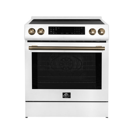 Forno Donatello Espresso 30-Inch Slide-In White Induction Range, Convection Oven, 5 Cooking Zones, Touch Control Panel - Forno Appliances