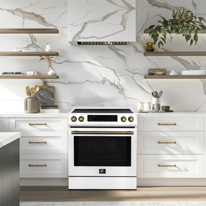 Forno Donatello Espresso 30-Inch Slide-In White Induction Range, Convection Oven, 5 Cooking Zones, Touch Control Panel - Forno Appliances