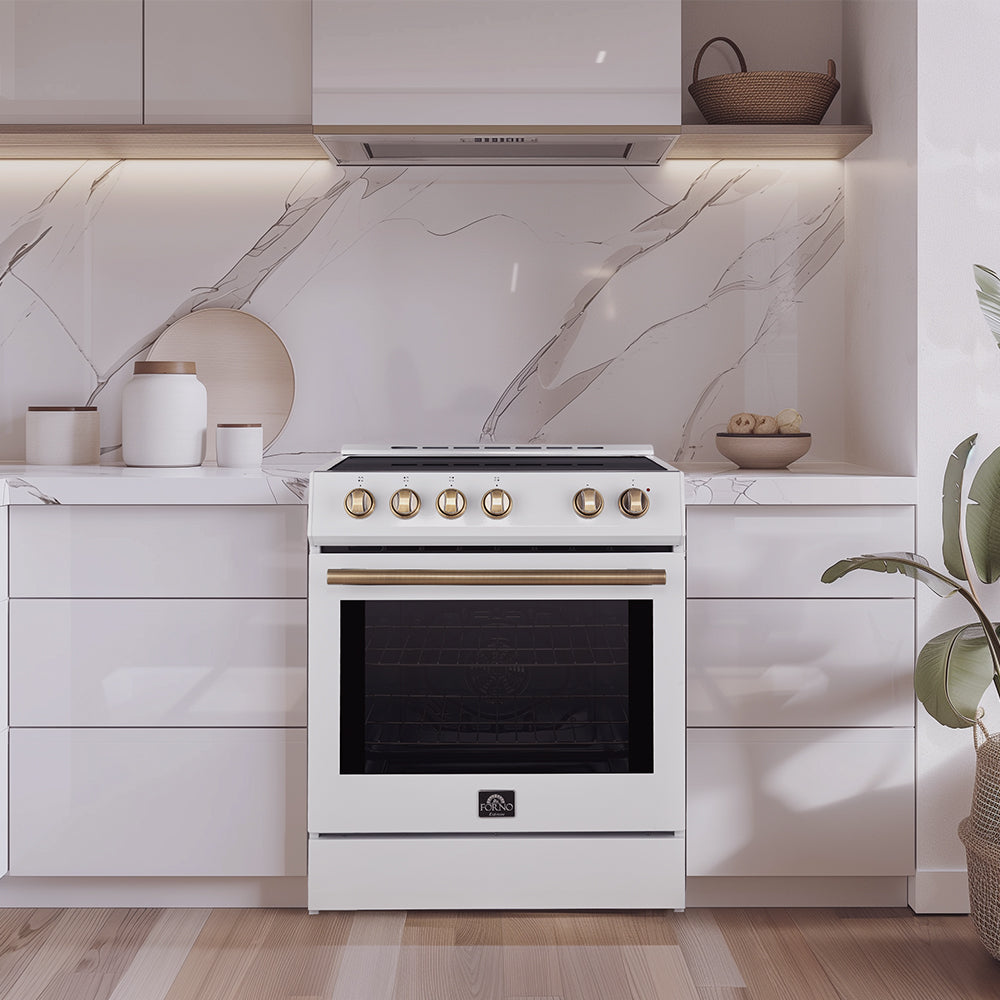 Cuisinière à induction encastrable blanche Forno Leonardo Espresso de 30 pouces, four à convection, 5 zones de cuisson, panneau de commande tactile - Forno Appliances