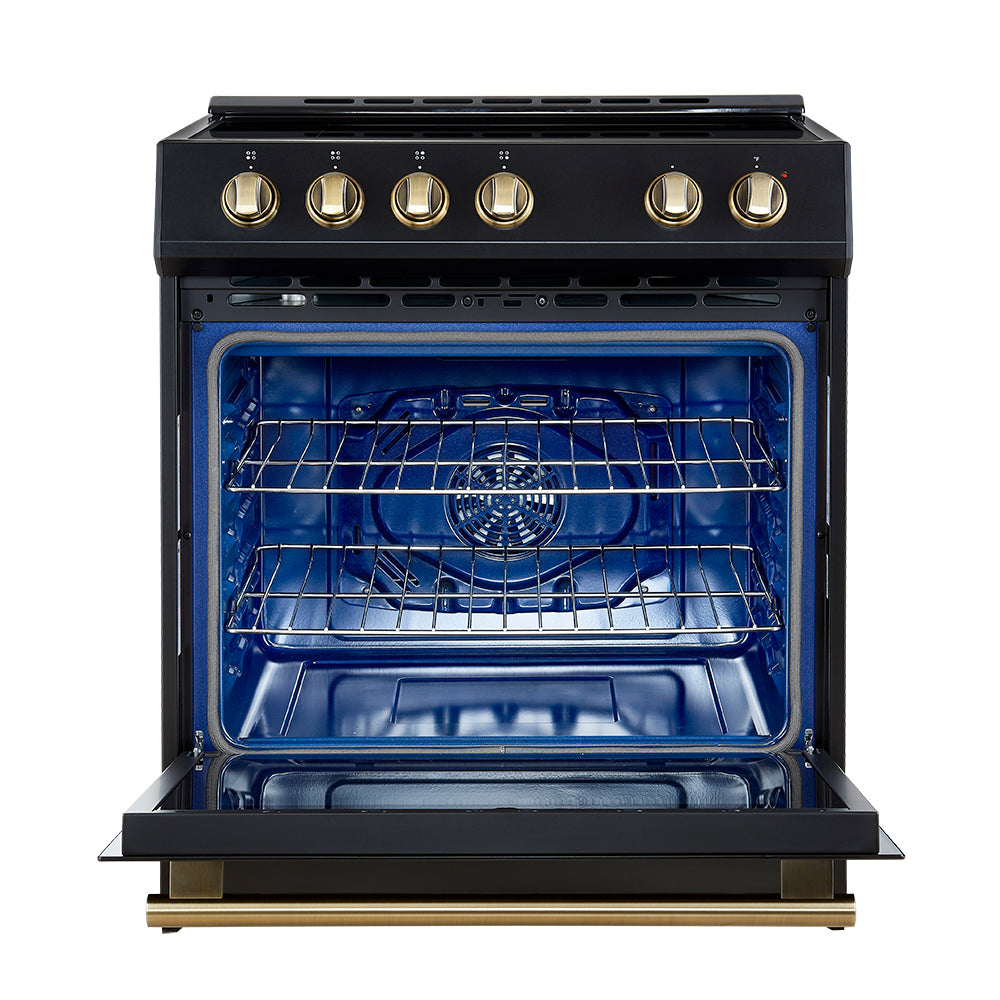 Forno Leonardo Espresso 30-Inch Slide-In Black Induction Range, Convection Oven, 5 Cooking Zones, Touch Control Panel - Forno Appliances