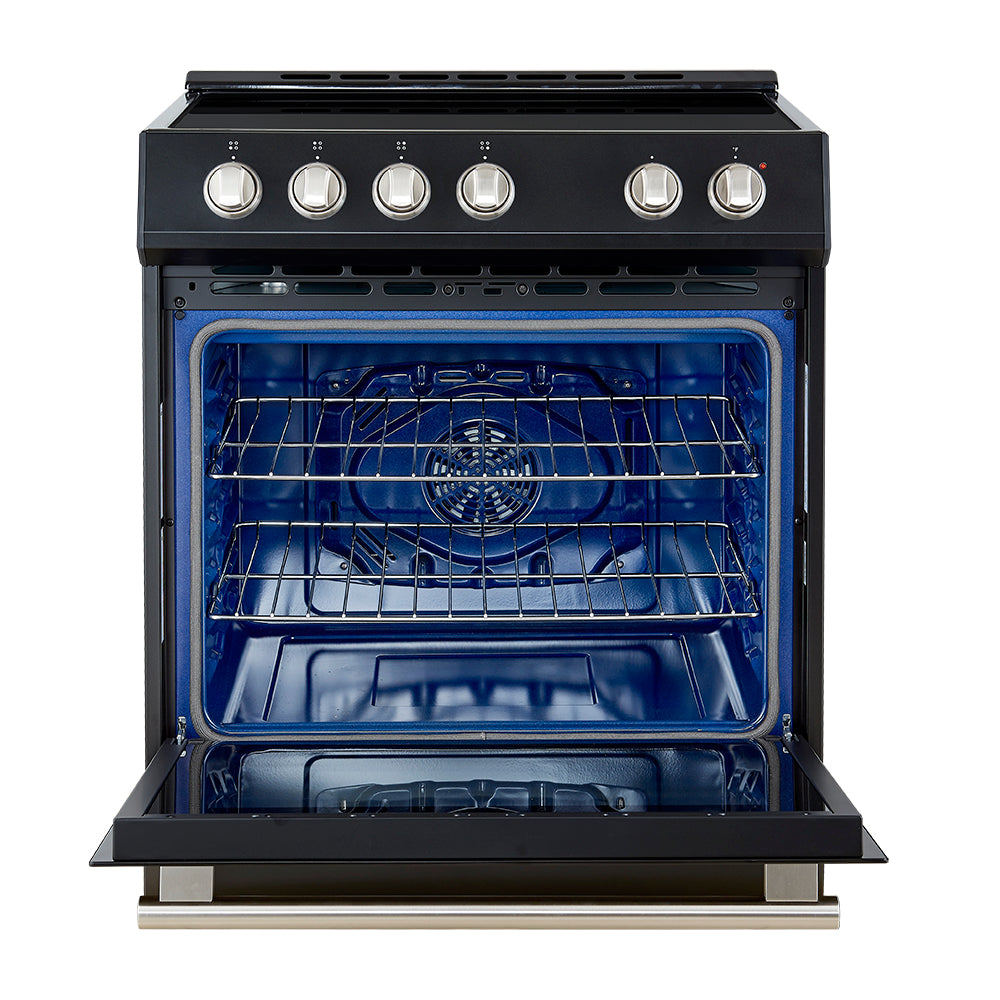 Forno Leonardo Espresso 30-Inch Slide-In Black Induction Range, Convection Oven, 5 Cooking Zones, Touch Control Panel - Forno Appliances