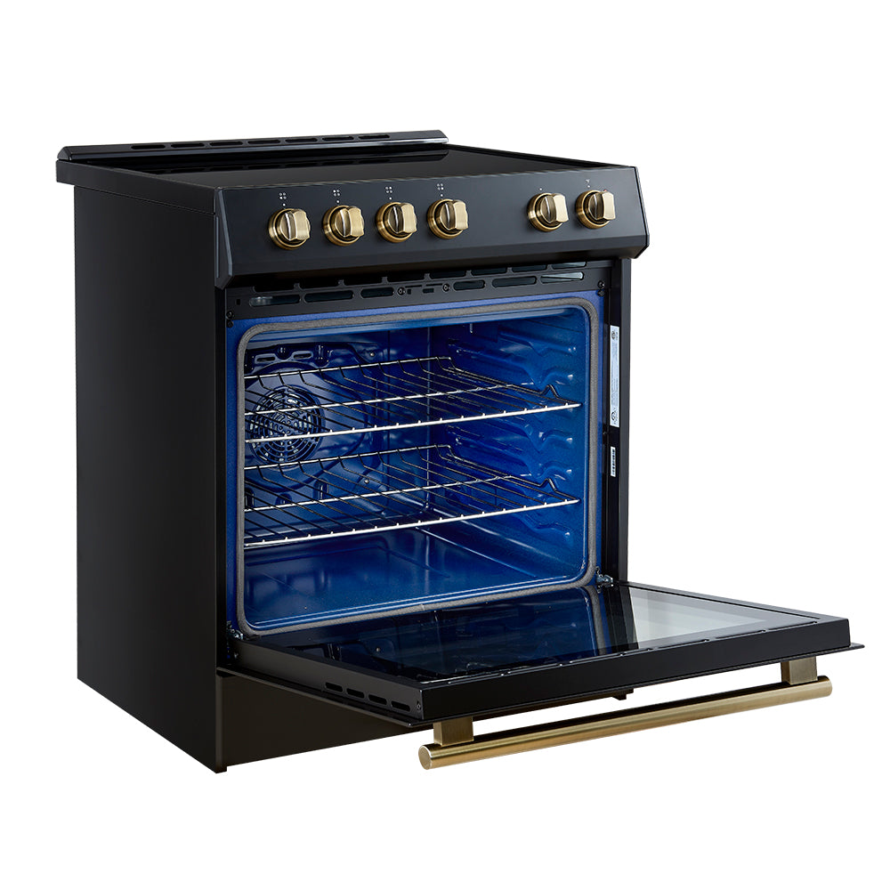 Forno Leonardo Espresso 30-Inch Slide-In Black Induction Range, Convection Oven, 5 Cooking Zones, Touch Control Panel - Forno Appliances