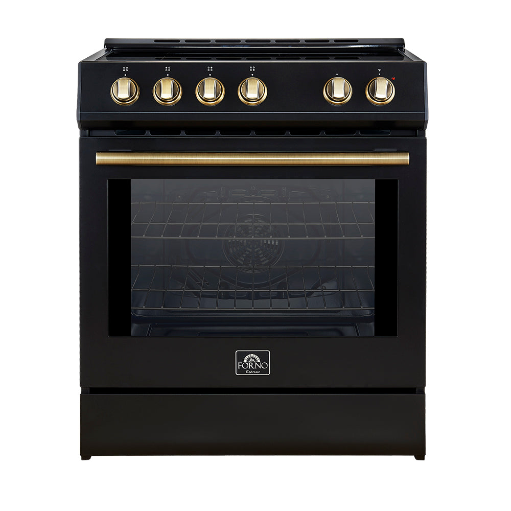 Forno Leonardo Espresso 30-Inch Slide-In Black Induction Range, Convection Oven, 5 Cooking Zones, Touch Control Panel - Forno Appliances
