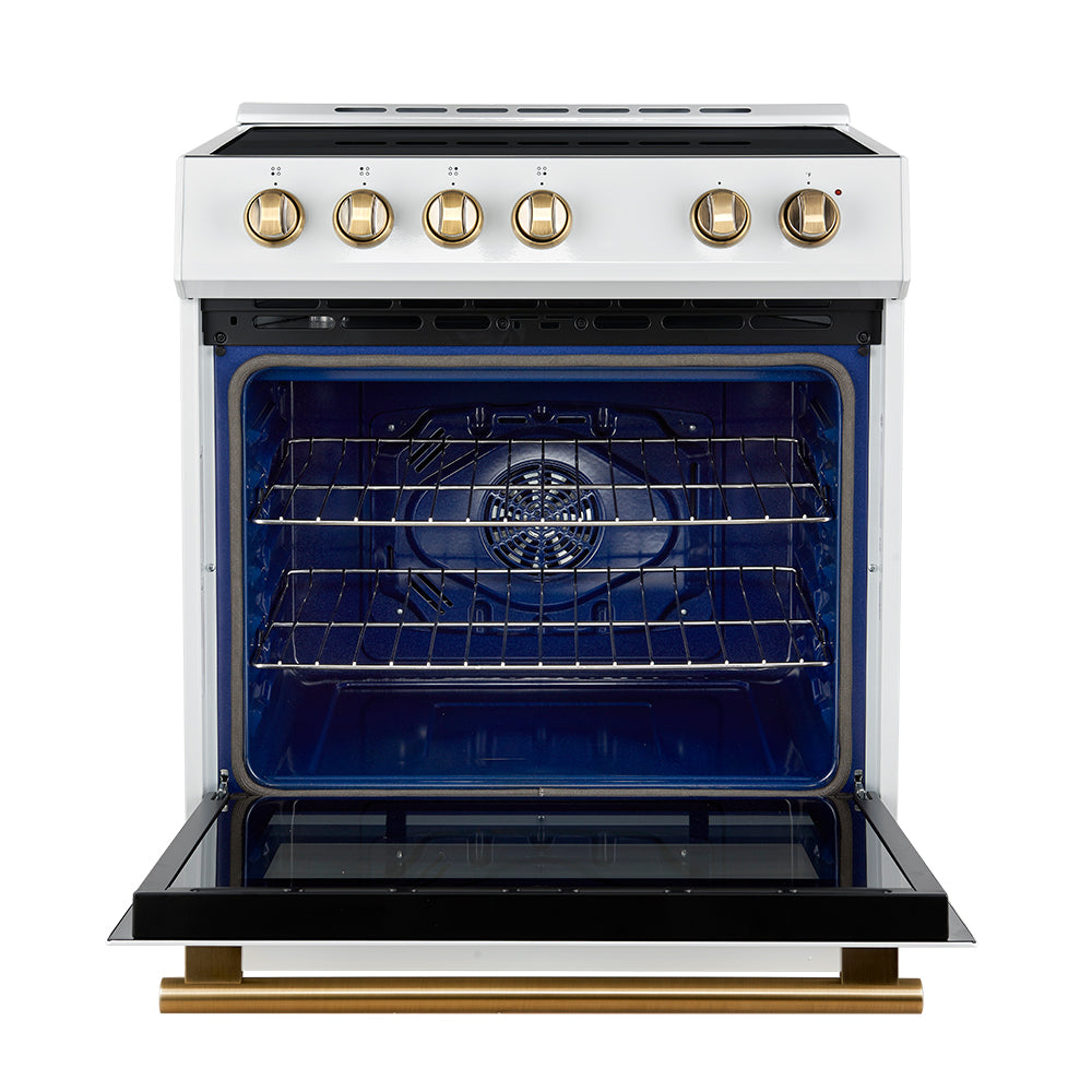 Forno Leonardo Espresso 30-Inch Slide-In White Induction Range, Convection Oven, 5 Cooking Zones, Touch Control Panel - Forno Appliances