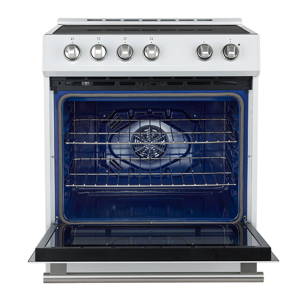 Forno Leonardo Espresso 30-Inch Slide-In White Induction Range, Convection Oven, 5 Cooking Zones, Touch Control Panel - Forno Appliances