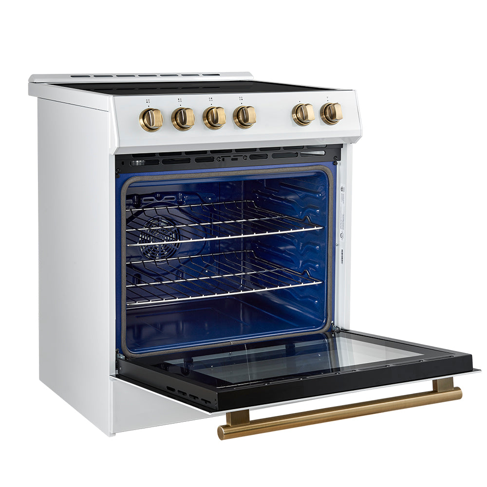 Forno Leonardo Espresso 30-Inch Slide-In White Induction Range, Convection Oven, 5 Cooking Zones, Touch Control Panel - Forno Appliances