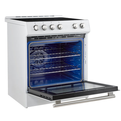 Forno Leonardo Espresso 30-Inch Slide-In White Induction Range, Convection Oven, 5 Cooking Zones, Touch Control Panel - Forno Appliances