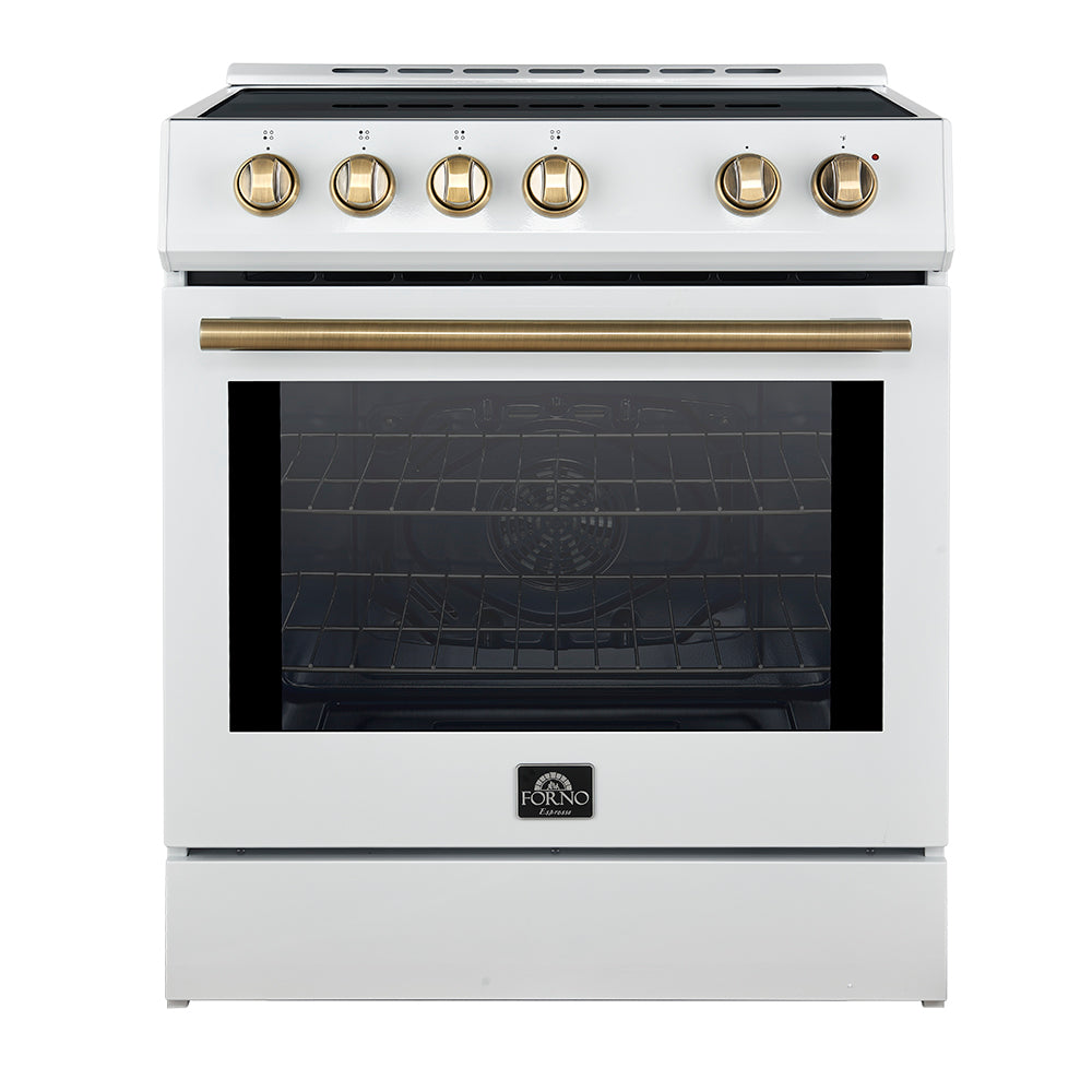 Forno Leonardo Espresso 30-Inch Slide-In White Induction Range, Convection Oven, 5 Cooking Zones, Touch Control Panel - Forno Appliances