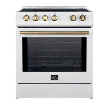 Forno Leonardo Espresso 30-Inch Slide-In White Induction Range, Convection Oven, 5 Cooking Zones, Touch Control Panel - Forno Appliances