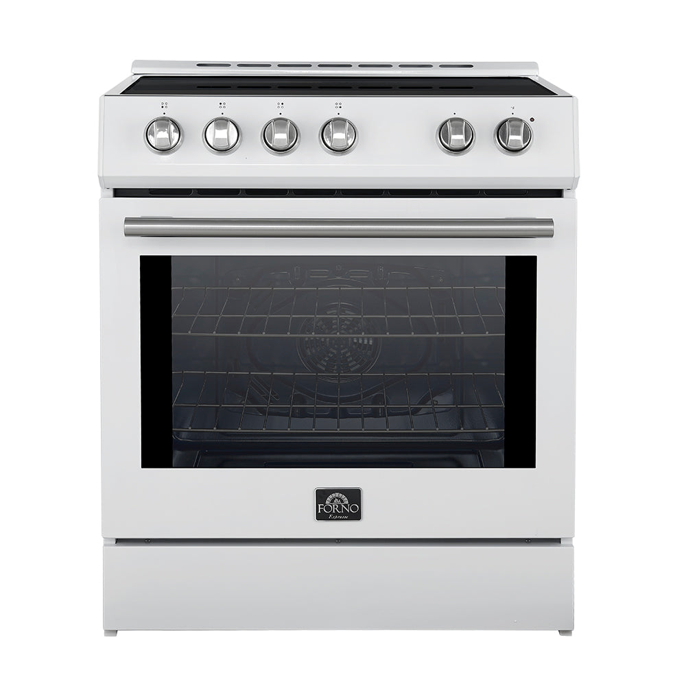 Forno Leonardo Espresso 30-Inch Slide-In White Induction Range, Convection Oven, 5 Cooking Zones, Touch Control Panel - Forno Appliances