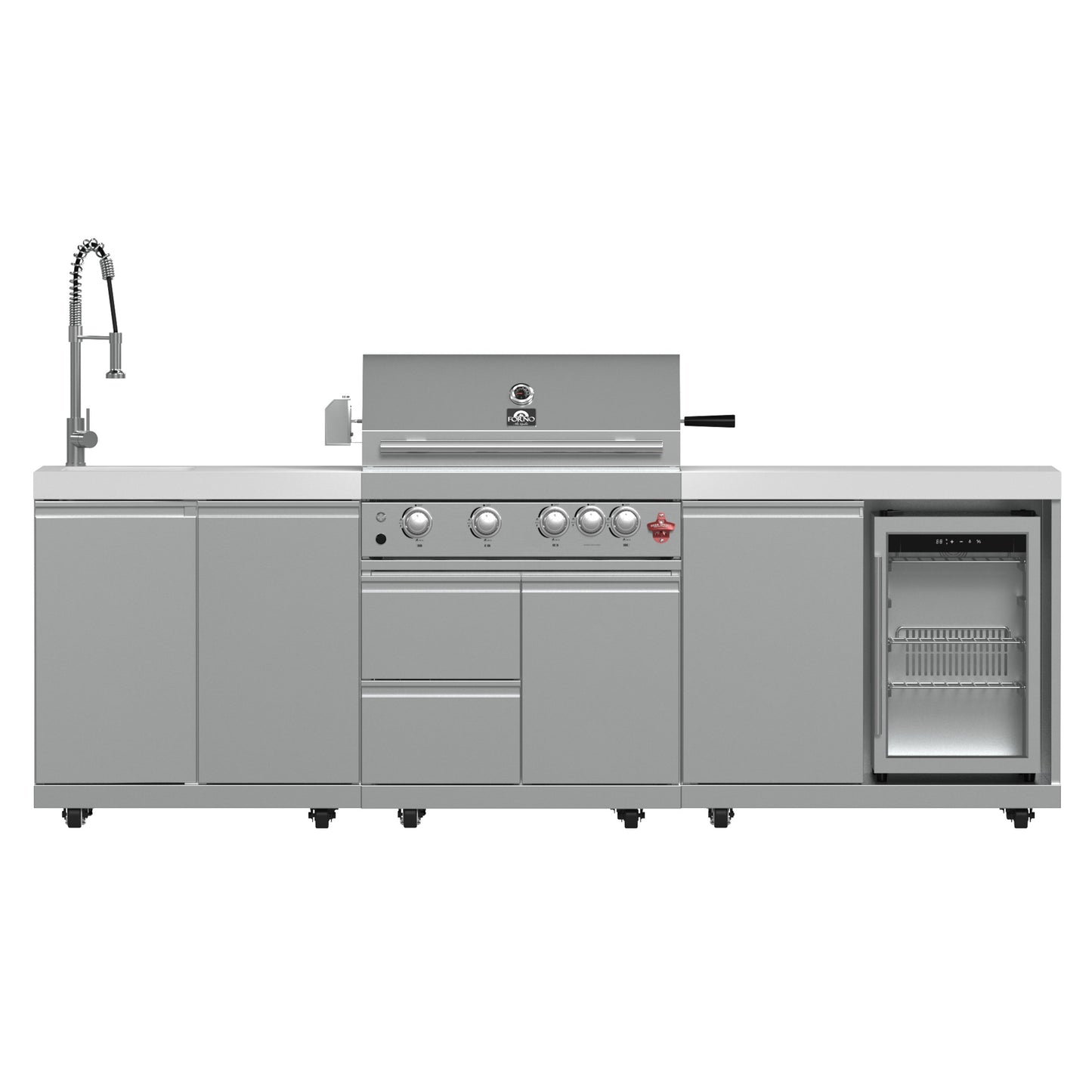 FORNO Bulnes 30-Inch BBQ, 60,000 BTU, 3 Burners with Sear & Rotisserie Infrared Burners, Stainless Steel Outdoor Kitchen with 1.8 cu.ft. Beverage Center & White Sintered Stone Countertops - Forno Appliances