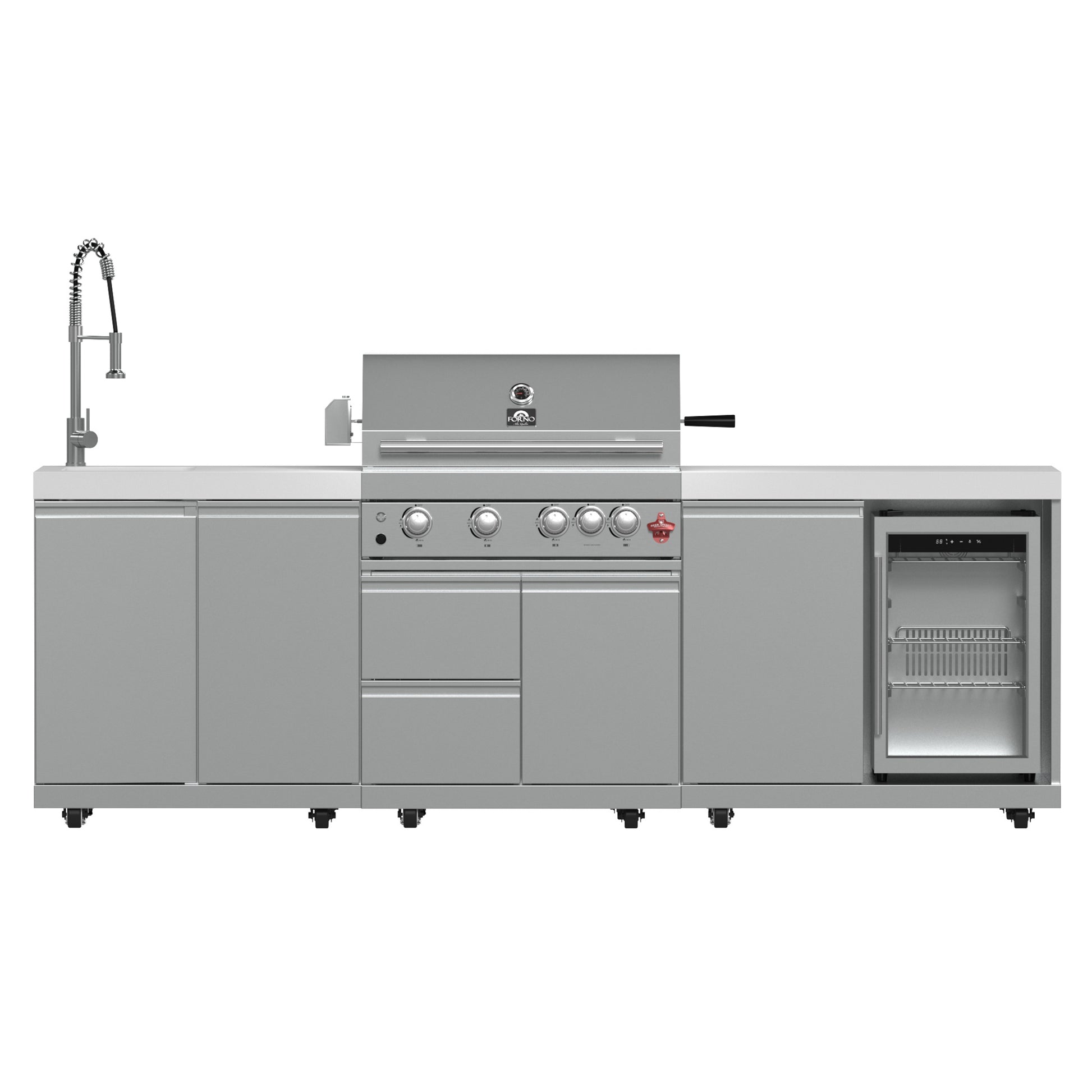 FORNO Bulnes 30-Inch BBQ, 60,000 BTU, 3 Burners with Sear & Rotisserie Infrared Burners, Stainless Steel Outdoor Kitchen with 1.8 cu.ft. Beverage Center & White Sintered Stone Countertops - Forno Appliances
