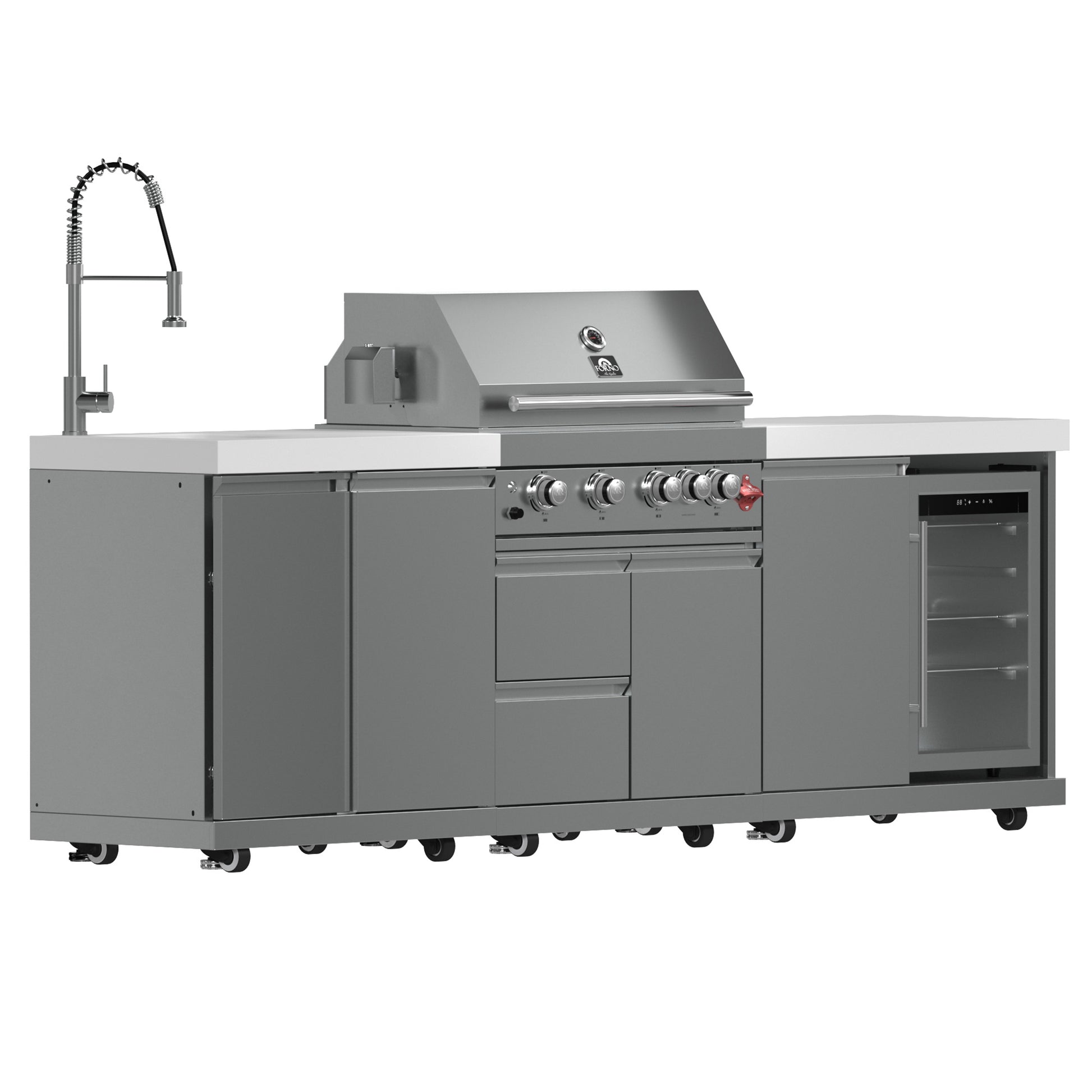 FORNO Bulnes 30-Inch BBQ, 60,000 BTU, 3 Burners with Sear & Rotisserie Infrared Burners, Stainless Steel Outdoor Kitchen with 1.8 cu.ft. Beverage Center & White Sintered Stone Countertops - Forno Appliances