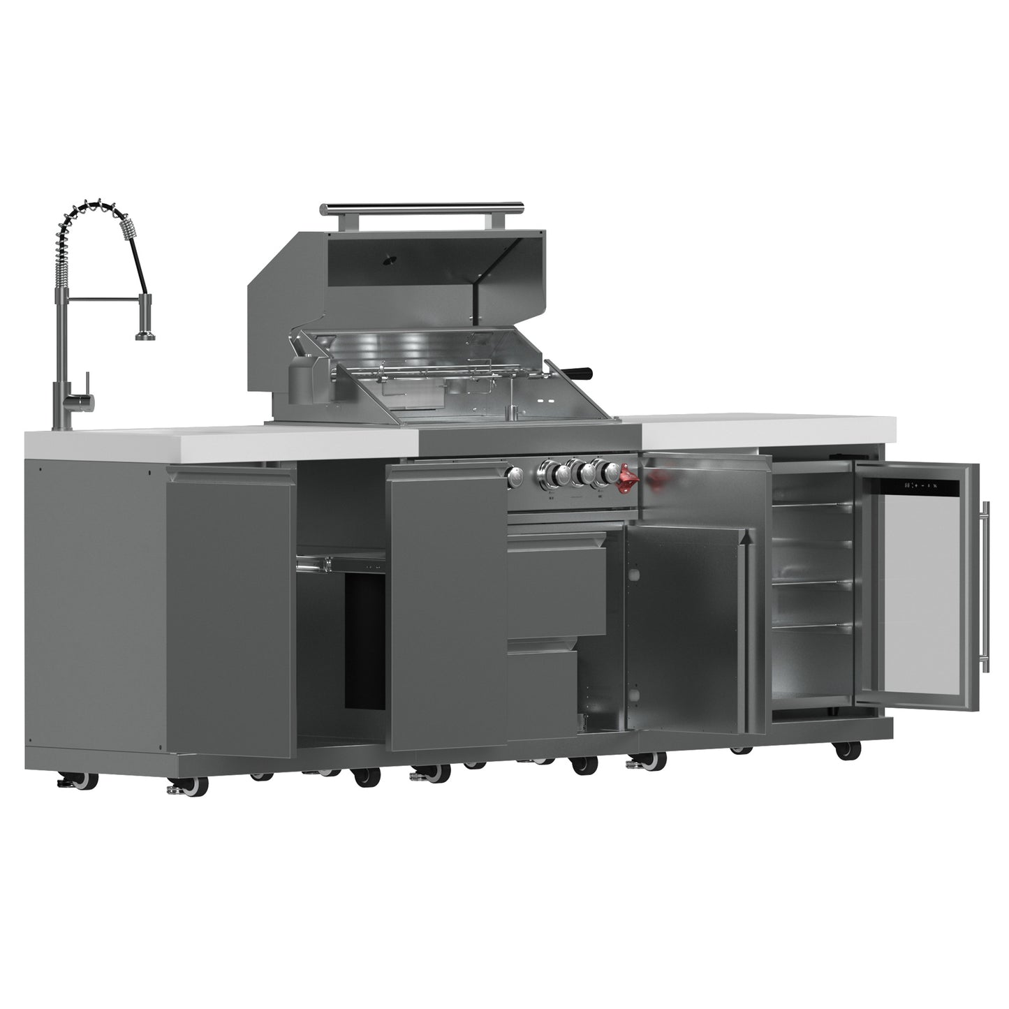 FORNO Bulnes 30-Inch BBQ, 60,000 BTU, 3 Burners with Sear & Rotisserie Infrared Burners, Stainless Steel Outdoor Kitchen with 1.8 cu.ft. Beverage Center & White Sintered Stone Countertops - Forno Appliances