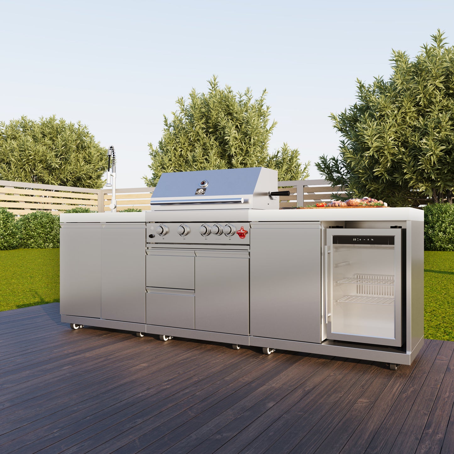FORNO Bulnes 30-Inch BBQ, 60,000 BTU, 3 Burners with Sear & Rotisserie Infrared Burners, Stainless Steel Outdoor Kitchen with 1.8 cu.ft. Beverage Center & White Sintered Stone Countertops - Forno Appliances