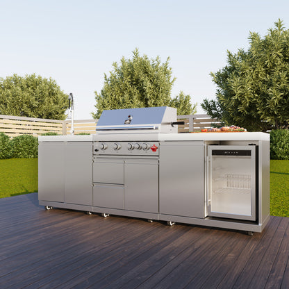 FORNO Bulnes 30-Inch BBQ, 60,000 BTU, 3 Burners with Sear & Rotisserie Infrared Burners, Stainless Steel Outdoor Kitchen with 1.8 cu.ft. Beverage Center & White Sintered Stone Countertops - Forno Appliances