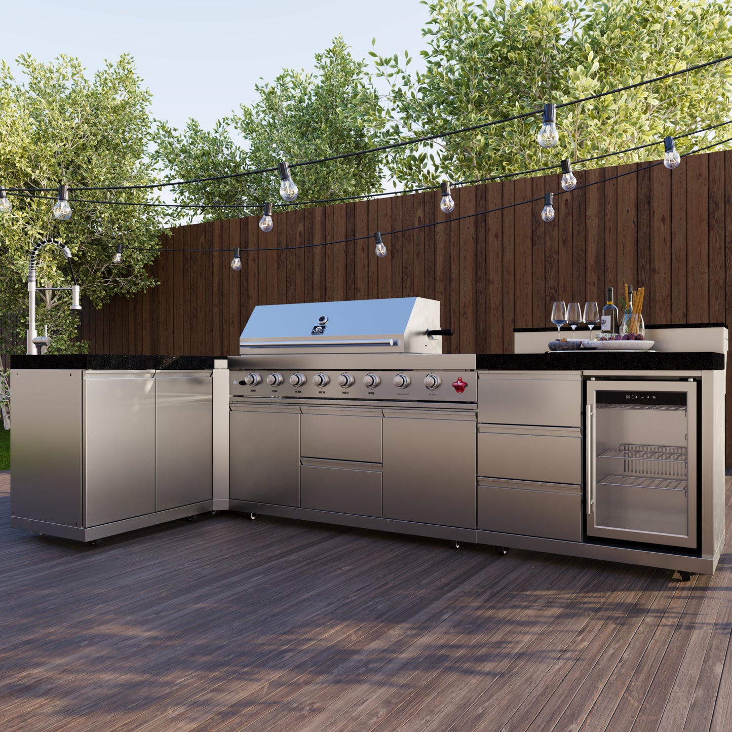 FORNO Bulnes 40-Inch BBQ, 95,000 BTU, 5 Burners, Sear & Rotisserie Infrared with Side Burner, Stainless Steel Outdoor Kitchen with 1.8 cu.ft. Beverage Center & Black Granite Countertops