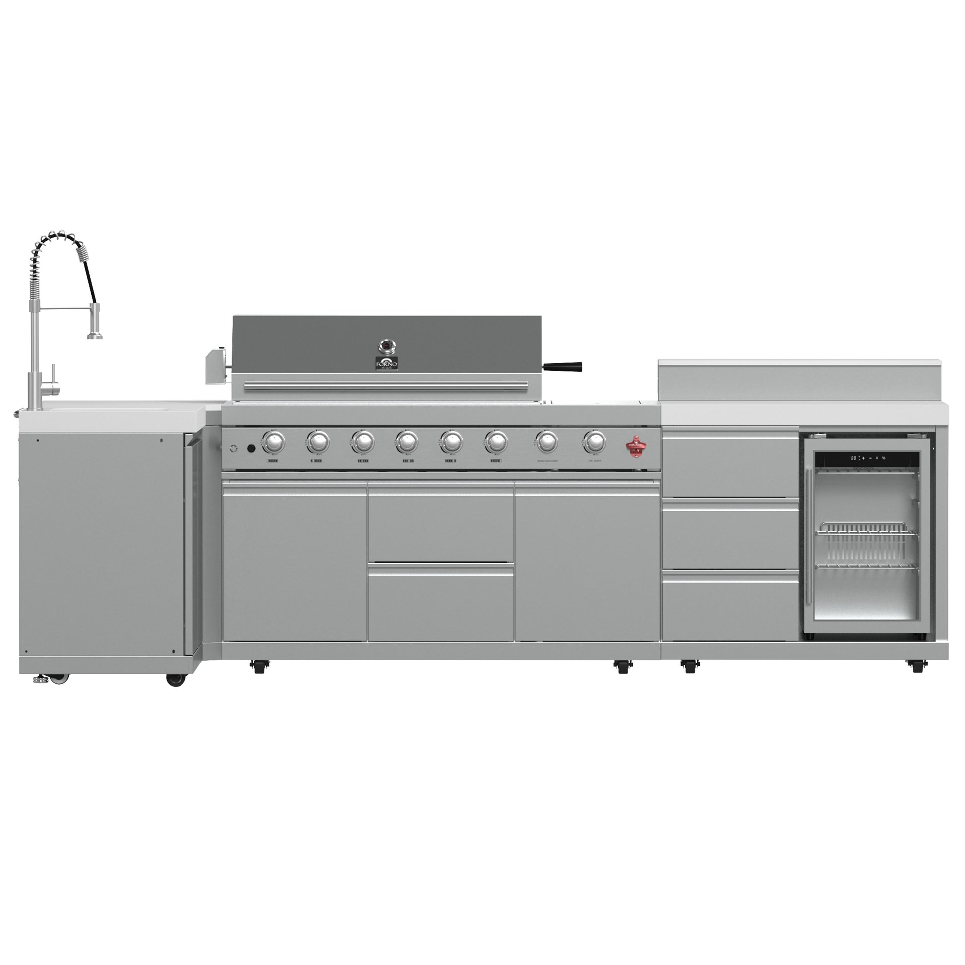 FORNO Bulnes 40-Inch BBQ, 95,000 BTU, 5 Burners, Sear & Rotisserie Infrared with Side Burner, Stainless Steel Outdoor Kitchen with 1.8 cu.ft. Beverage Center & White Sintered Stone Countertops - Forno Appliances