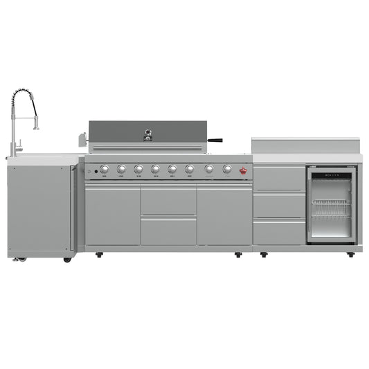 FORNO Bulnes 40-Inch BBQ, 95,000 BTU, 5 Burners, Sear & Rotisserie Infrared with Side Burner, Stainless Steel Outdoor Kitchen with 1.8 cu.ft. Beverage Center & White Sintered Stone Countertops - Forno Appliances